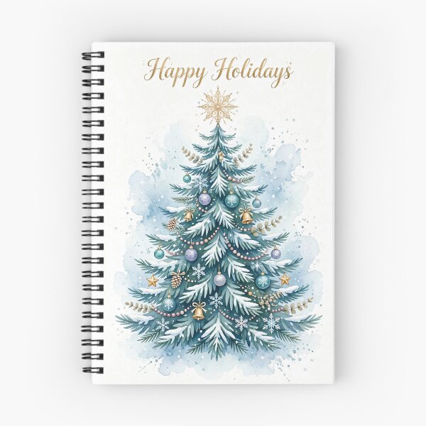 Item preview, Happy Holidays Watercolor Christmas Tree - Blue Snowy Pine with Gold Ornaments designed and sold by Deepsleepstudio.