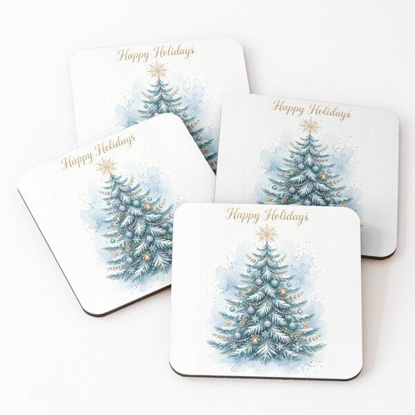 Item preview, Happy Holidays Watercolor Christmas Tree - Blue Snowy Pine with Gold Ornaments designed and sold by Deepsleepstudio.