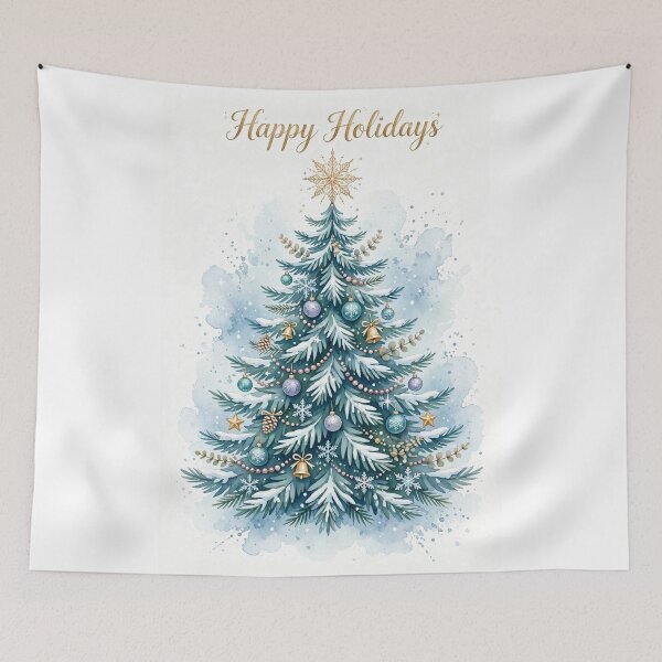 Item preview, Happy Holidays Watercolor Christmas Tree - Blue Snowy Pine with Gold Ornaments designed and sold by Deepsleepstudio.