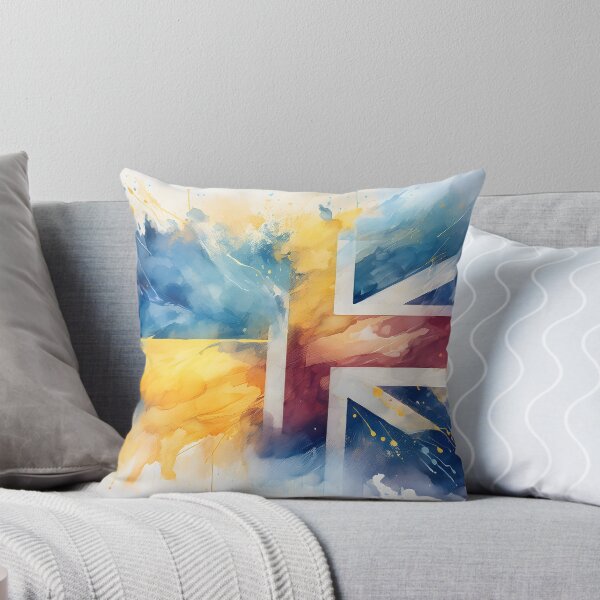 Item preview, A watercolor Union Jack flag with splatters of blue and yellow, creating a dynamic and patriotic design designed and sold by homydesign.