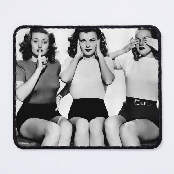 Item preview, Hear no evil, see no evil, speak no evil vintage funny female black and white photograph wall art print designed and sold by Astrid Arkhangelsky.