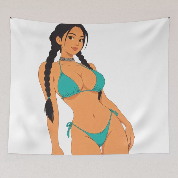Item preview, Turquoise Bikini Cartoon Pin-Up – Braided Brunette Girl designed and sold by  Hollow Moon Studios..