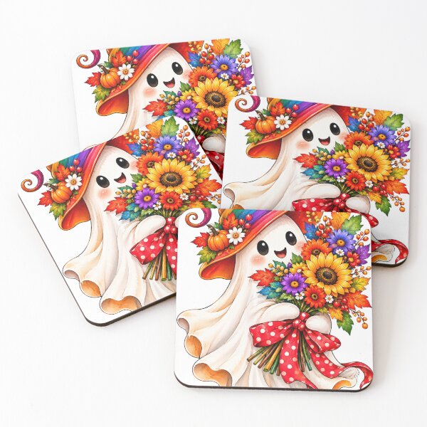 Item preview, Cute Rainbow Ghost Holding Autumn Flower Bouquet with Red Bow designed and sold by RAYOUS.