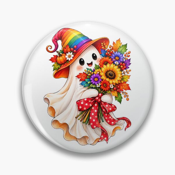 Item preview, Cute Rainbow Ghost Holding Autumn Flower Bouquet with Red Bow designed and sold by RAYOUS.