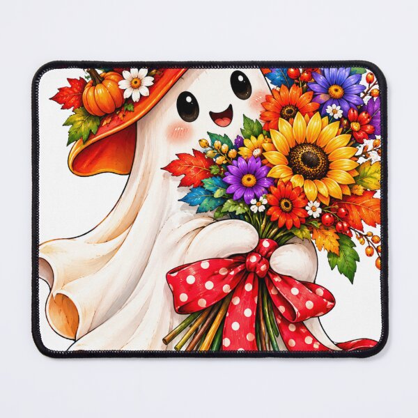 Item preview, Cute Rainbow Ghost Holding Autumn Flower Bouquet with Red Bow designed and sold by RAYOUS.