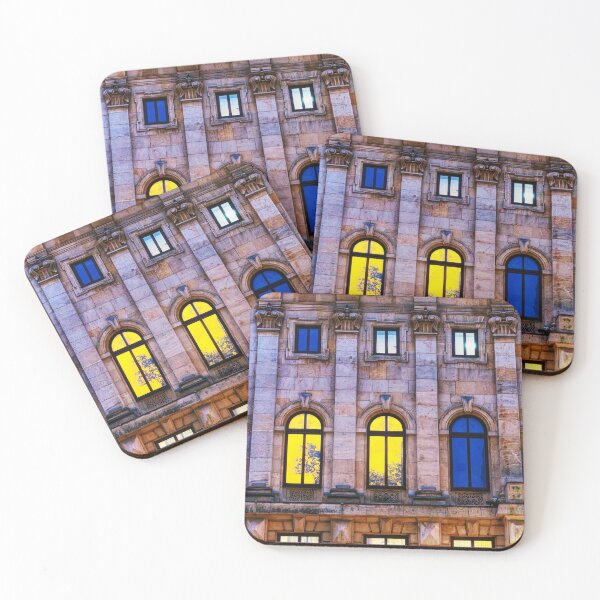 Item preview, Glowing Arched Windows on a Neoclassical Facade at Dusk designed and sold by Rabee Khalil Photography.