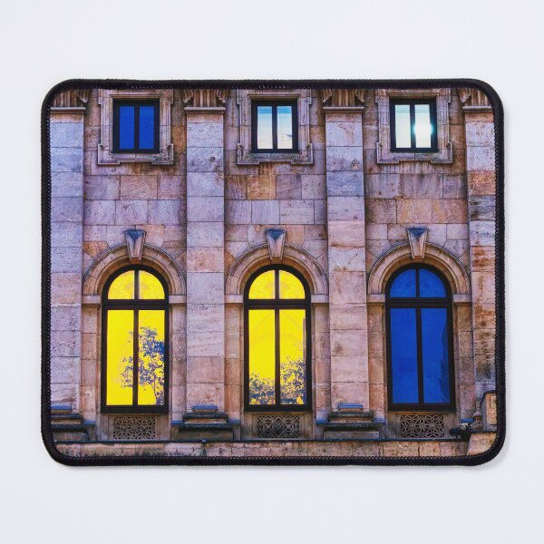 Item preview, Glowing Arched Windows on a Neoclassical Facade at Dusk designed and sold by Rabee Khalil Photography.