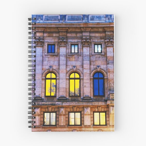 Item preview, Glowing Arched Windows on a Neoclassical Facade at Dusk designed and sold by Rabee Khalil Photography.