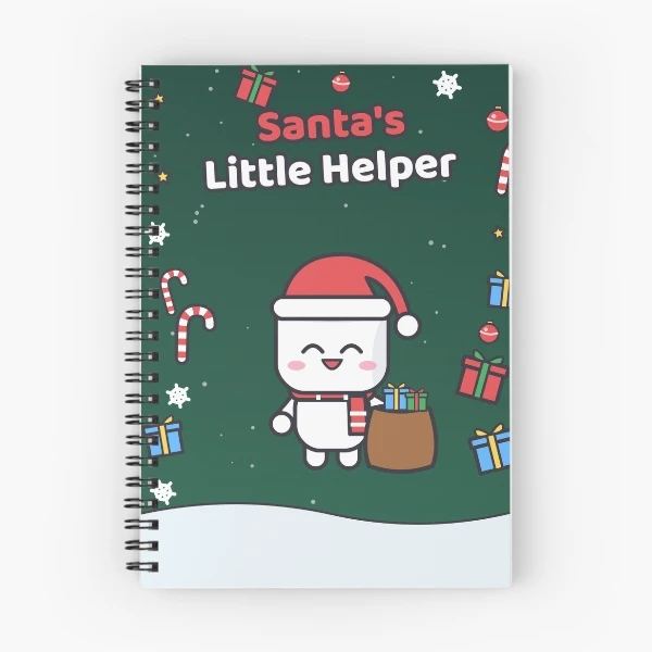Santa's Little Helper - Cute Christmas Marshmallow Pip with Gift Sack — Spiral Notebook by BiMood