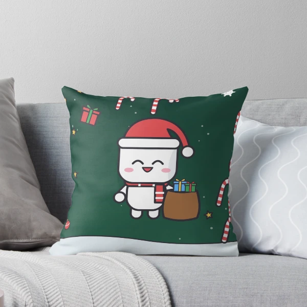 Santa's Little Helper - Cute Christmas Marshmallow Pip with Gift Sack — Throw Pillow by BiMood