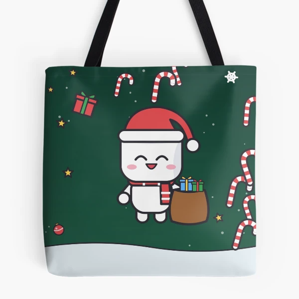 Santa's Little Helper - Cute Christmas Marshmallow Pip with Gift Sack — All Over Print Tote Bag by BiMood