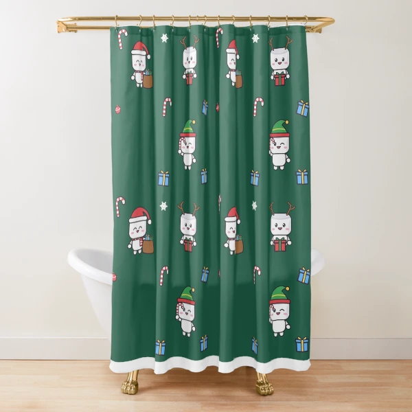 Santa's Little Helper - Cute Christmas Marshmallow Pip with Gift Sack — Shower Curtain by BiMood