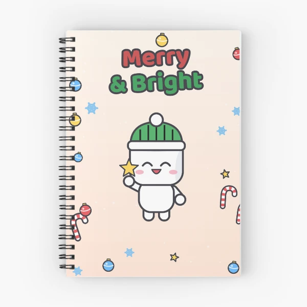 Merry and Bright - Cute Marshmallow Pip Decorating the Christmas Tree — Spiral Notebook by BiMood