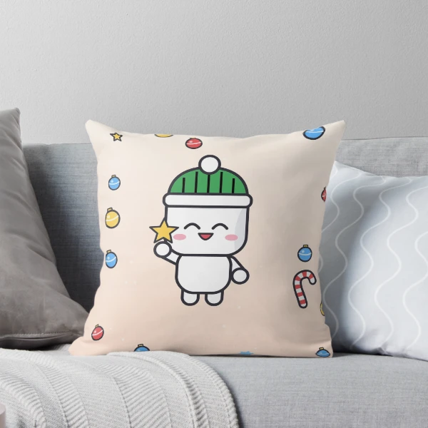 Merry and Bright - Cute Marshmallow Pip Decorating the Christmas Tree — Throw Pillow by BiMood