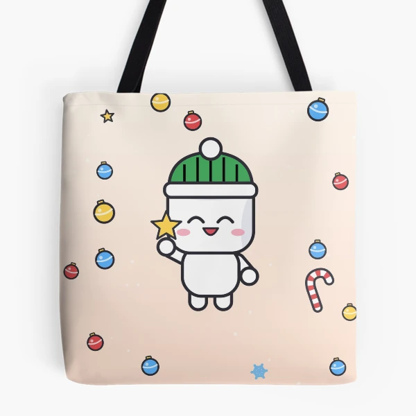 Merry and Bright - Cute Marshmallow Pip Decorating the Christmas Tree — All Over Print Tote Bag by BiMood