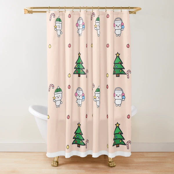 Merry and Bright - Cute Marshmallow Pip Decorating the Christmas Tree — Shower Curtain by BiMood