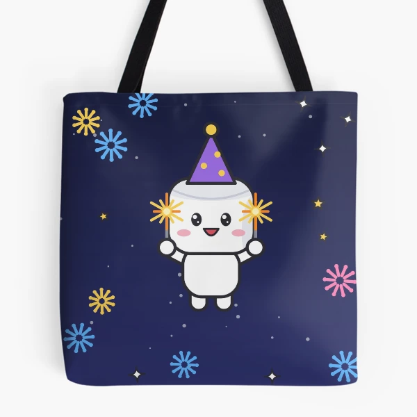 Hello 2027 - Cute New Year Party Marshmallow Pip with Sparklers — All Over Print Tote Bag by BiMood