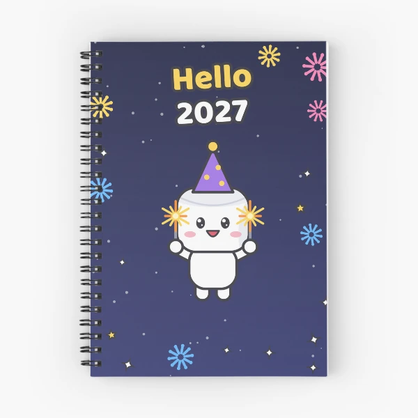 Hello 2027 - Cute New Year Party Marshmallow Pip with Sparklers — Spiral Notebook by BiMood