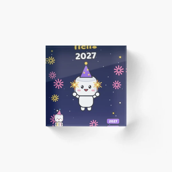 Hello 2027 - Cute New Year Party Marshmallow Pip with Sparklers — Acrylic Block by BiMood