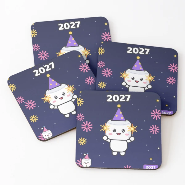 Hello 2027 - Cute New Year Party Marshmallow Pip with Sparklers — Coasters (Set of 4) by BiMood