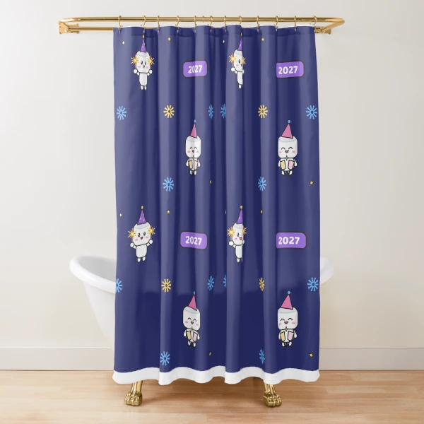 Hello 2027 - Cute New Year Party Marshmallow Pip with Sparklers — Shower Curtain by BiMood
