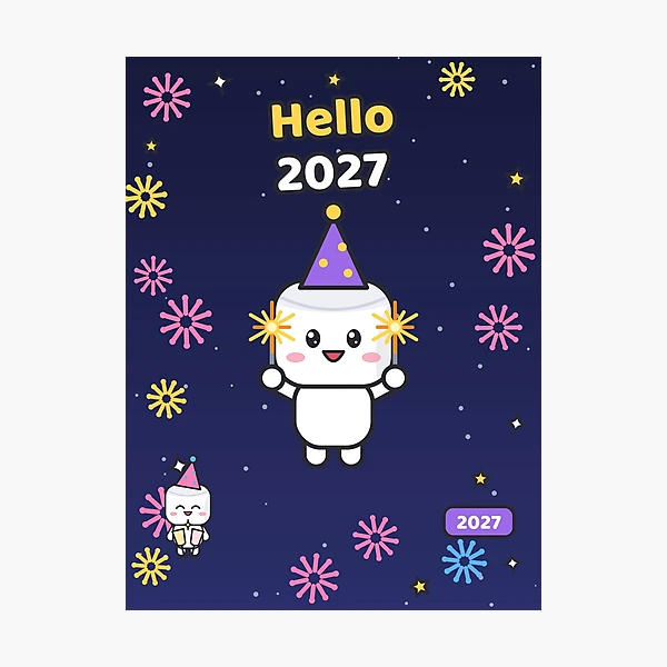 Hello 2027 - Cute New Year Party Marshmallow Pip with Sparklers — Photographic Print by BiMood