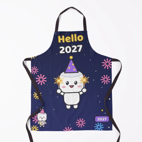 Hello 2027 - Cute New Year Party Marshmallow Pip with Sparklers — Apron by BiMood