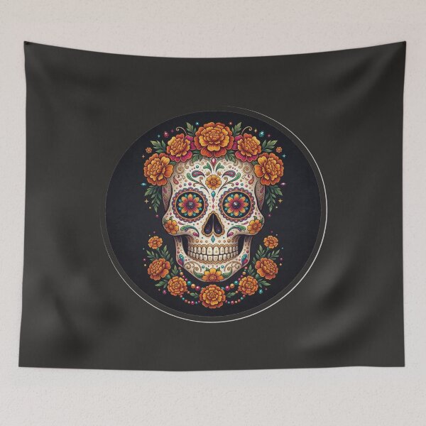 Item preview, Gothic Sugar Skull with Marigold Flowers Halloween Art designed and sold by Fine-Arts-Lab.
