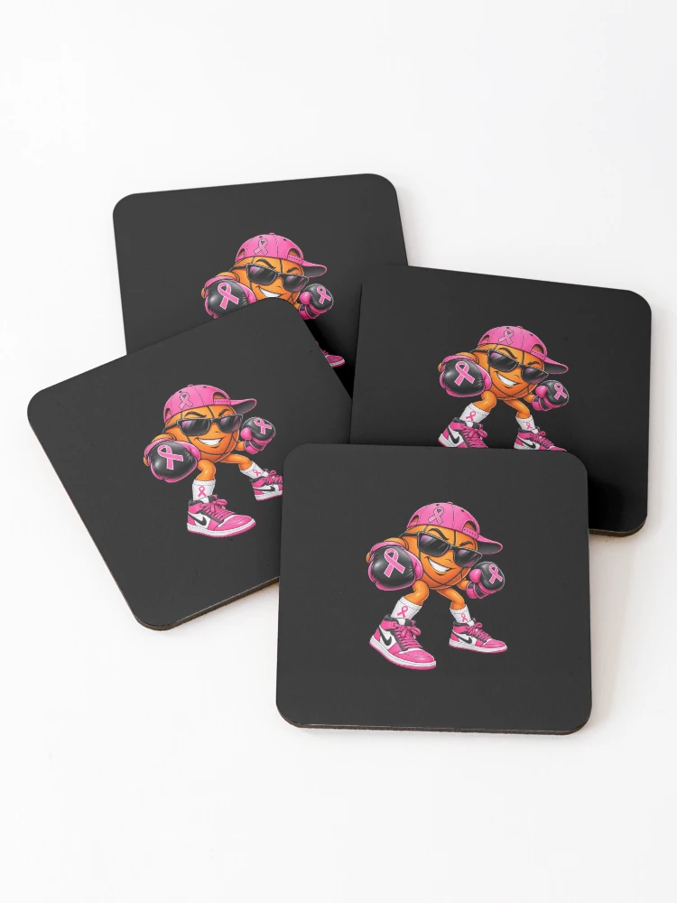Thumbnail 1 of 5, Coasters (Set of 4), Pink Ribbon Basketball Boxer designed and sold by ROUX-ART.