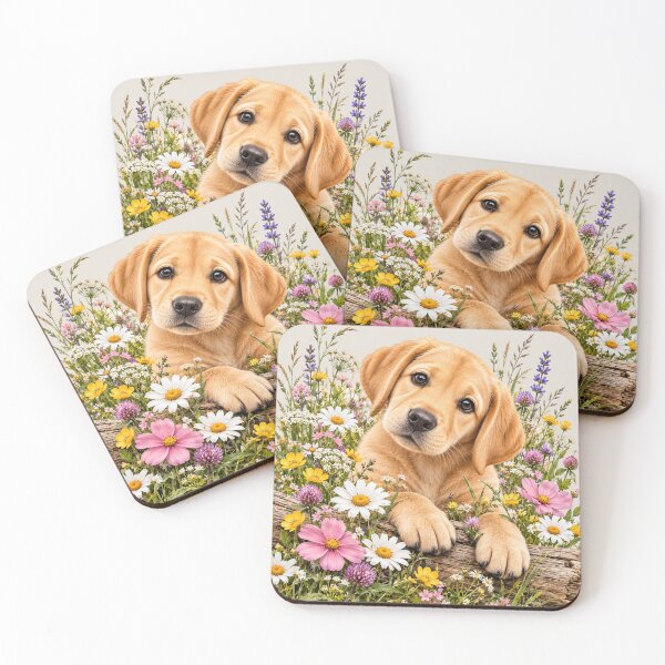 Item preview, Cute Golden Labrador Puppy with Wildflowers - Floral Dog Portrait designed and sold by Nature's Palette.