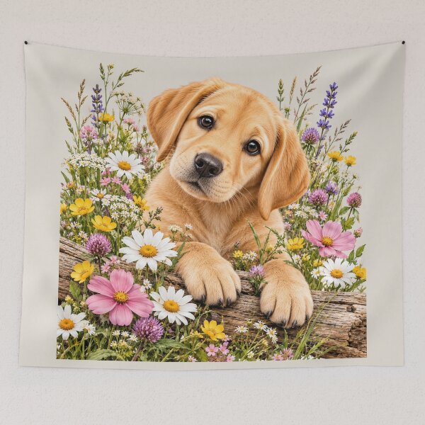 Item preview, Cute Golden Labrador Puppy with Wildflowers - Floral Dog Portrait designed and sold by Nature's Palette.