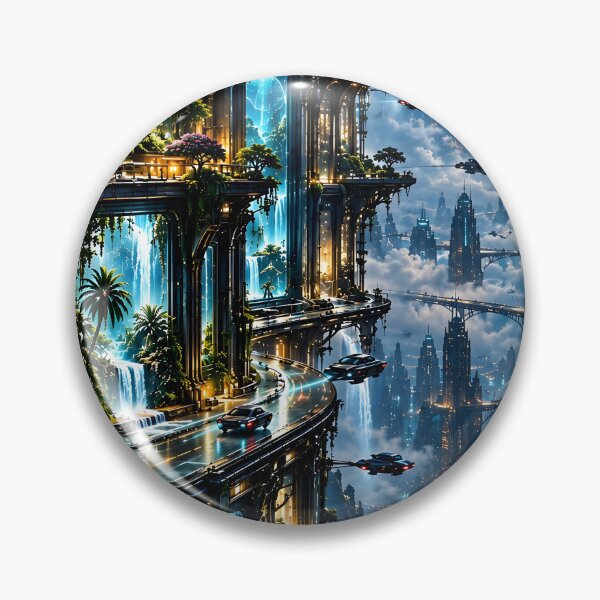Item preview, Futuristic Blue Cyberpunk City with Waterfalls and Flying Cars designed and sold by IRON SIREN.