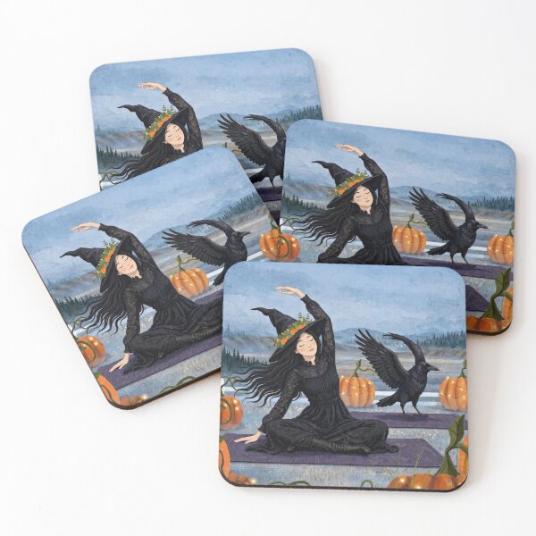 Item preview, ¡Black witch and crow - Pumpkin Yoga - doing yoga stretch on mat among pumpkins, crow mirroring. designed and sold by DibujandoPorfa.