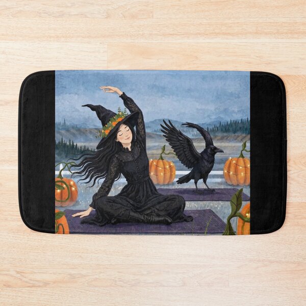 Item preview, ¡Black witch and crow - Pumpkin Yoga - doing yoga stretch on mat among pumpkins, crow mirroring. designed and sold by DibujandoPorfa.