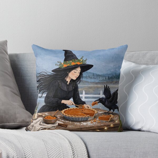 Item preview, Black witch and crow -Pumpkin Pie Baking - baking pumpkin pie outdoors on wooden table, crow stealing piece designed and sold by DibujandoPorfa.