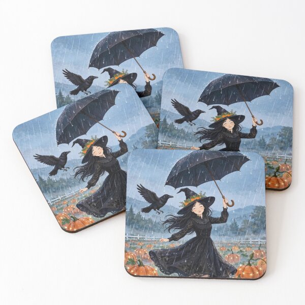 Item preview, Black witch and crow - Rain Dance Umbrella - dancing in rain with umbrella among pumpkins. designed and sold by DibujandoPorfa.