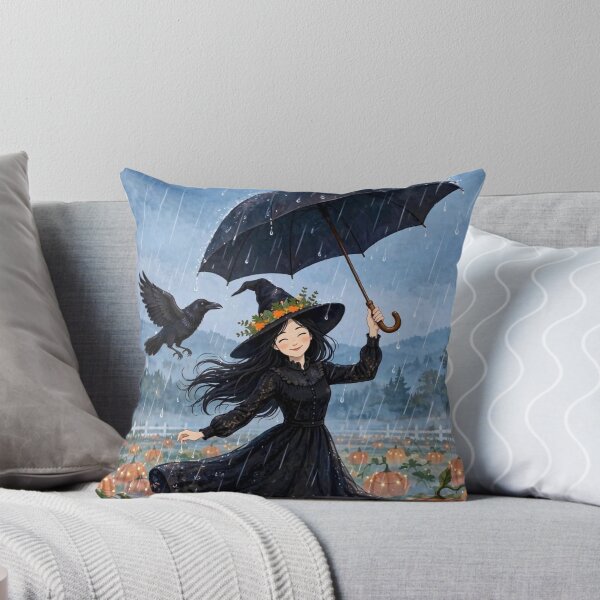 Item preview, Black witch and crow - Rain Dance Umbrella - dancing in rain with umbrella among pumpkins. designed and sold by DibujandoPorfa.