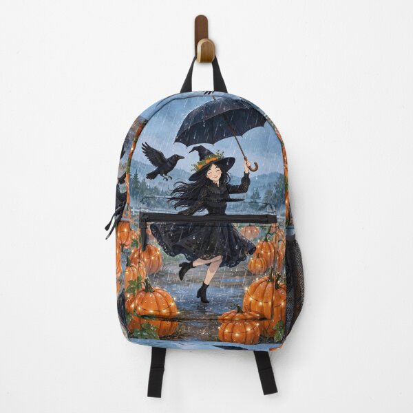 Item preview, Black witch and crow - Rain Dance Umbrella - dancing in rain with umbrella among pumpkins. designed and sold by DibujandoPorfa.