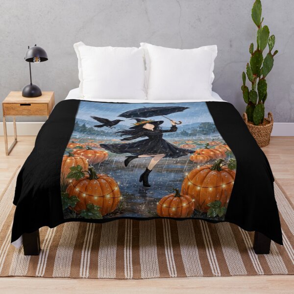 Item preview, Black witch and crow - Rain Dance Umbrella - dancing in rain with umbrella among pumpkins. designed and sold by DibujandoPorfa.