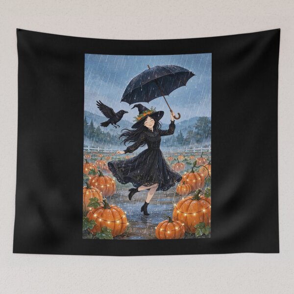 Item preview, Black witch and crow - Rain Dance Umbrella - dancing in rain with umbrella among pumpkins. designed and sold by DibujandoPorfa.