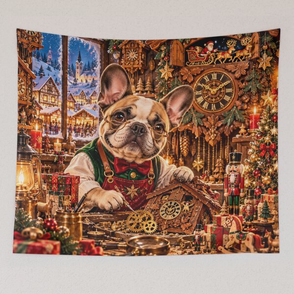 Item preview, Christmas Frenchie Clockmaker – Magical Black Forest Bulldog Art designed and sold by cipoprimo.