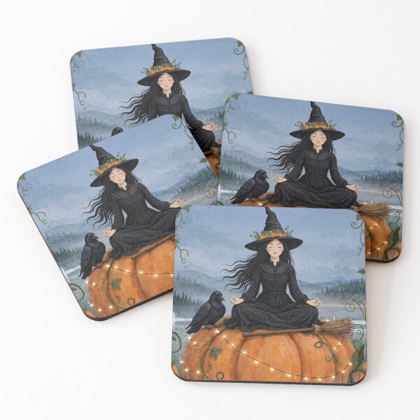 Item preview, Black witch and crow -Giant Pumpkin Meditation - meditating on top of giant pumpkin, crow meditating too. designed and sold by DibujandoPorfa.