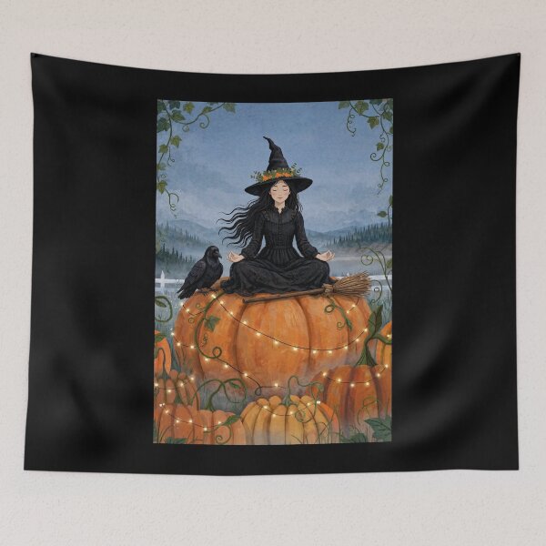 Item preview, Black witch and crow -Giant Pumpkin Meditation - meditating on top of giant pumpkin, crow meditating too. designed and sold by DibujandoPorfa.