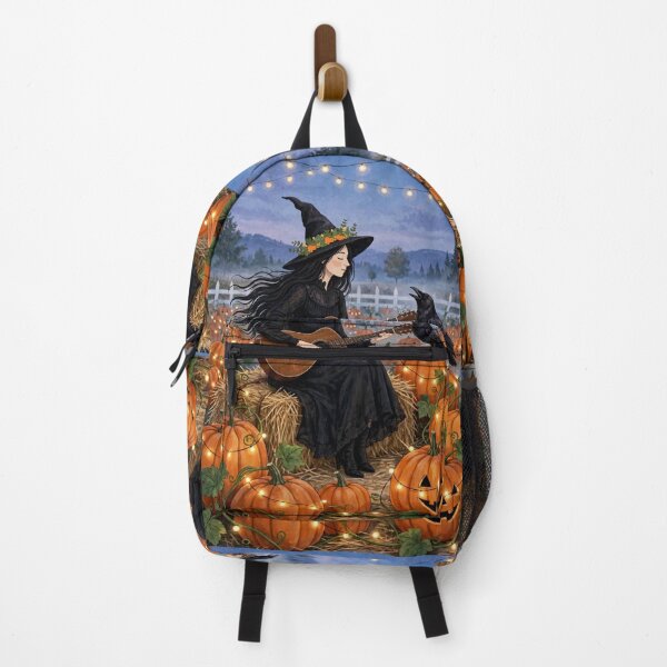 Item preview, Black witch and crow -Hay Bale Guitar - playing guitar sitting on hay bale at dusk in pumpkin patch designed and sold by DibujandoPorfa.