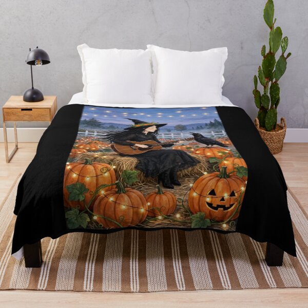 Item preview, Black witch and crow -Hay Bale Guitar - playing guitar sitting on hay bale at dusk in pumpkin patch designed and sold by DibujandoPorfa.