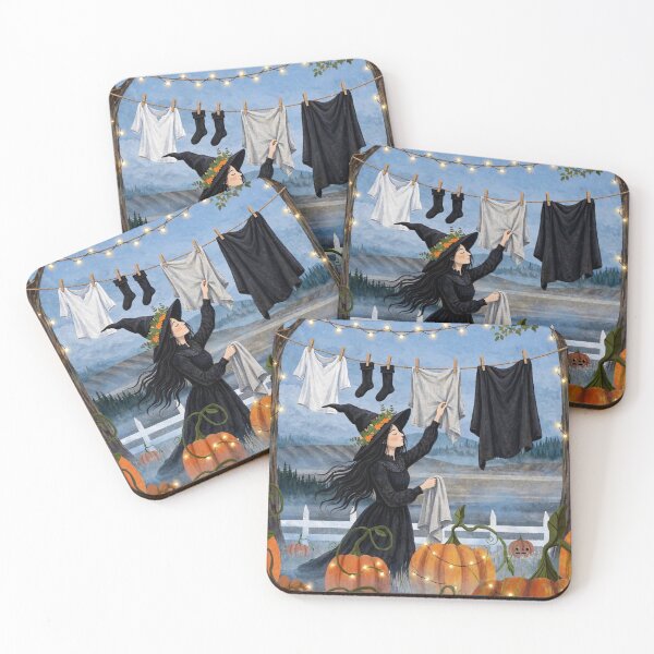 Item preview, Black witch and crow - Clothesline Wind - hanging laundry on clothesline between trees in pumpkin field. designed and sold by DibujandoPorfa.