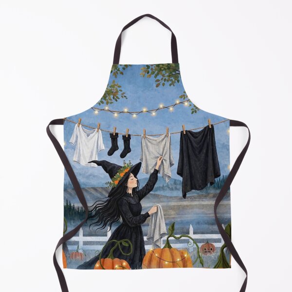 Item preview, Black witch and crow - Clothesline Wind - hanging laundry on clothesline between trees in pumpkin field. designed and sold by DibujandoPorfa.