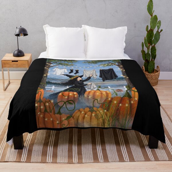 Item preview, Black witch and crow - Clothesline Wind - hanging laundry on clothesline between trees in pumpkin field. designed and sold by DibujandoPorfa.