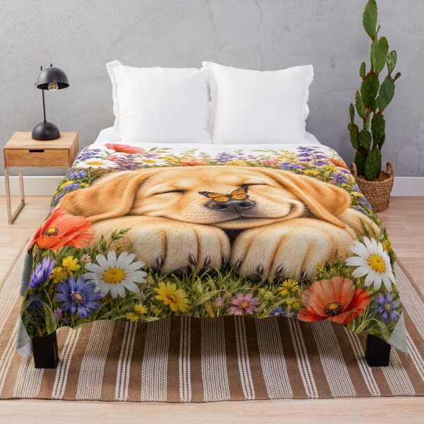 Item preview, Cute Golden Labrador Puppy sleeping in Wildflowers Field and a butterfly sitting on its nose designed and sold by Nature's Palette.