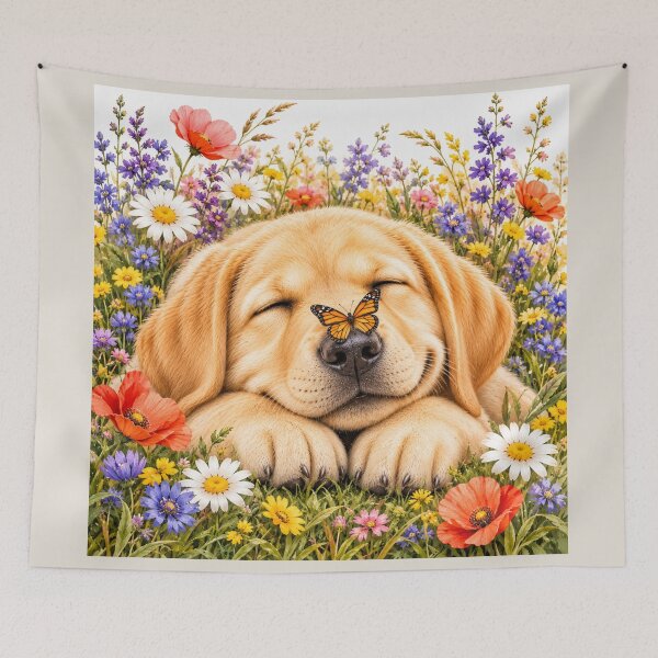 Item preview, Cute Golden Labrador Puppy sleeping in Wildflowers Field and a butterfly sitting on its nose designed and sold by Nature's Palette.